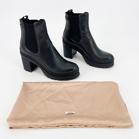 Prada Black Leather Double Gore Lug Sole Block Heel Chelsea Ankle Boot IT 37 - Picture 2 of 16